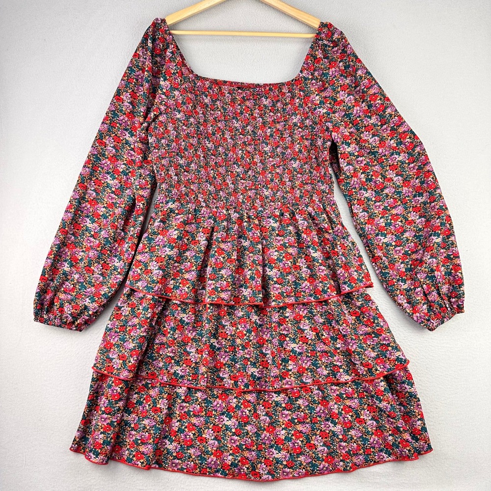 BTFBM Floral Tiered Mini Dress Women‎ XL Red Smocked Long Sleeve Square Neck NWT